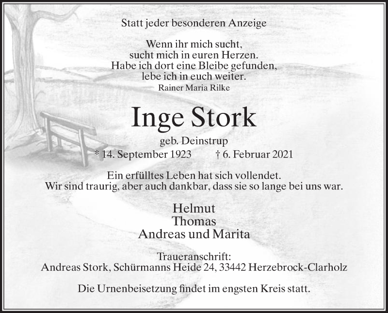  Traueranzeige für Inge Stork vom 13.02.2021 aus Die Glocke