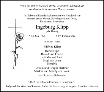 Traueranzeige von Ingeburg Klipp von Die Glocke