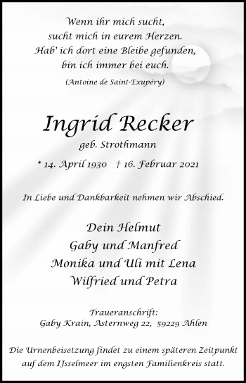 Traueranzeige von Ingrid Recker von Die Glocke