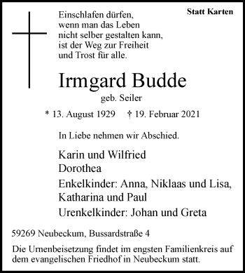 Traueranzeige von Irmgard Budde von Die Glocke