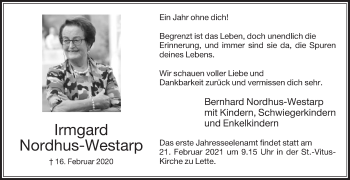 Traueranzeige von Irmgard Nordhus-Westarp von Die Glocke