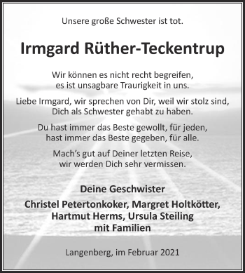 Traueranzeige von Irmgard Rüther-Teckentrup von Die Glocke