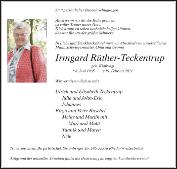Traueranzeige von Irmgard Rüther-Teckentrup von Die Glocke