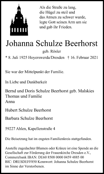 Traueranzeige von Johanna Schulze Beerhorst von Die Glocke