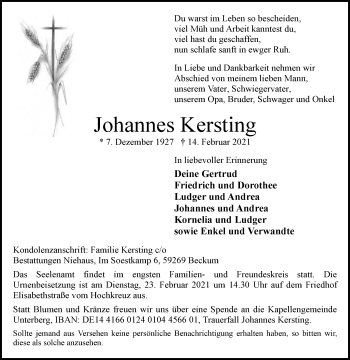 Traueranzeige von Johannes Kersting von Die Glocke