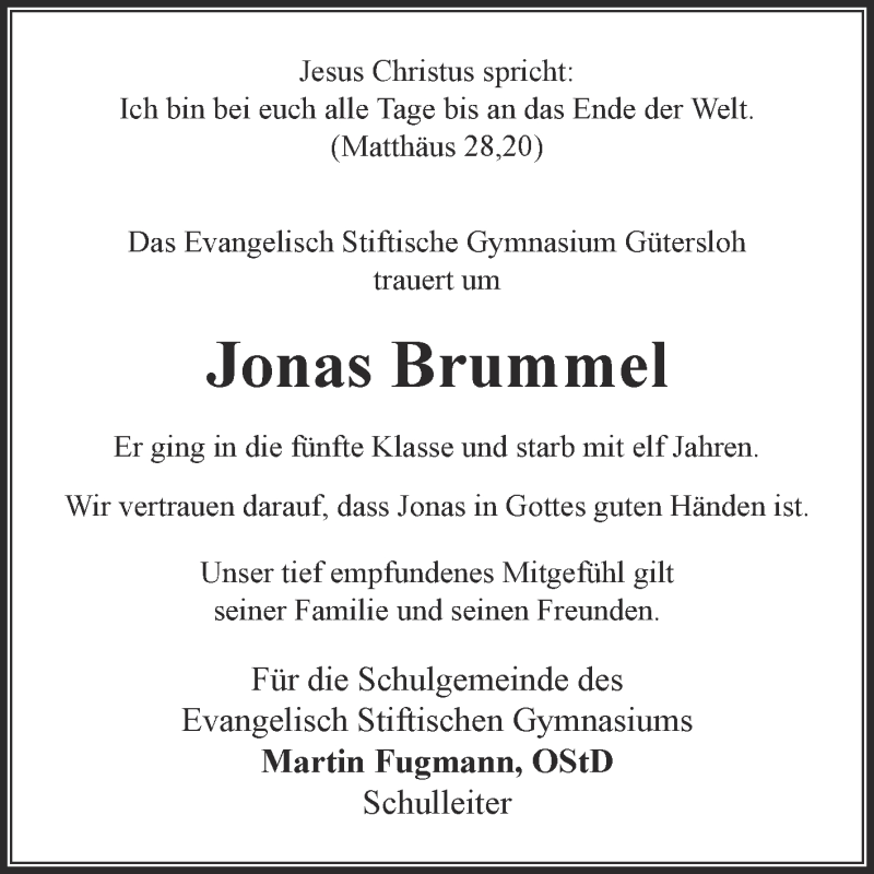  Traueranzeige für Jonas Brummel vom 02.02.2021 aus Die Glocke