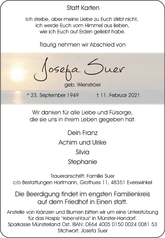  Traueranzeige für Josefa Suer vom 17.02.2021 aus Die Glocke