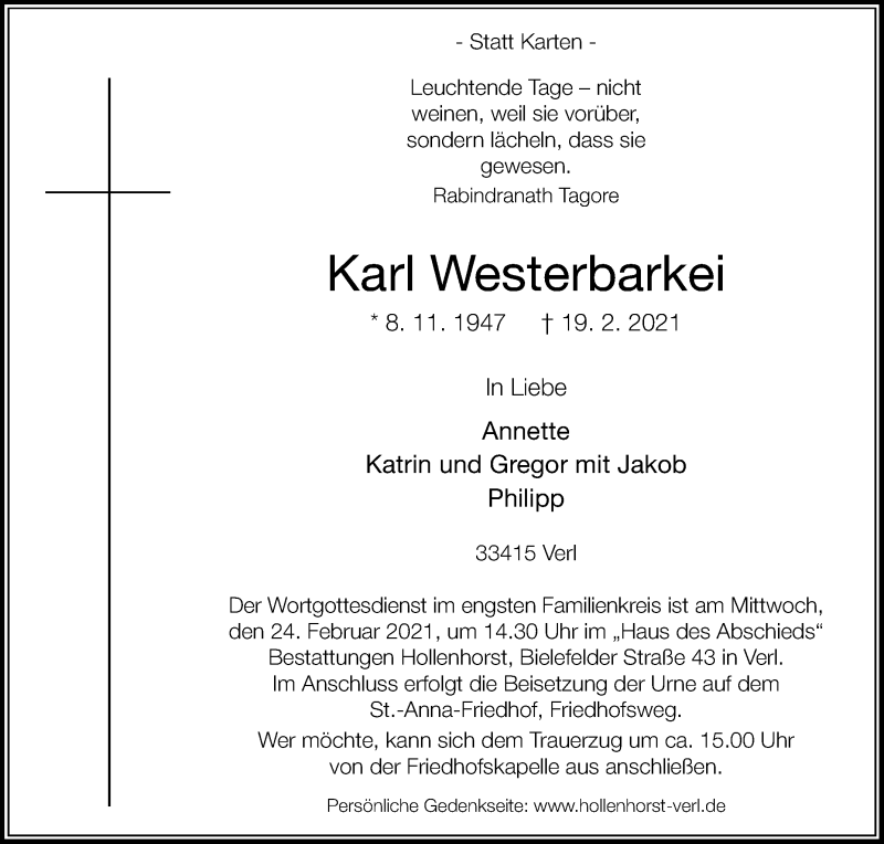  Traueranzeige für Karl Westerbarkei vom 22.02.2021 aus Die Glocke