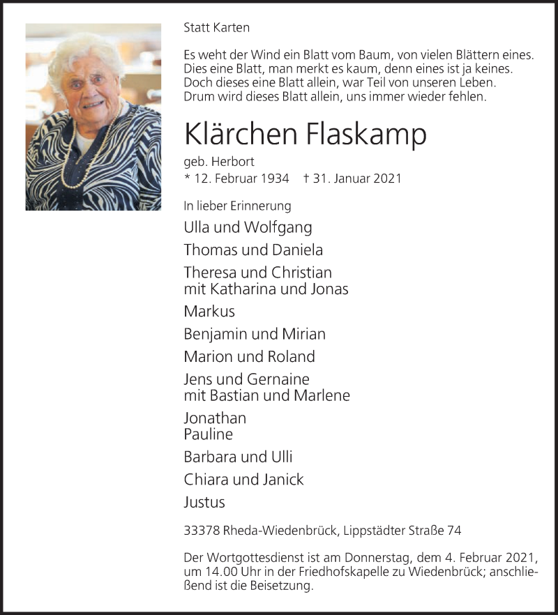  Traueranzeige für Klärchen Flaskamp vom 01.02.2021 aus Die Glocke