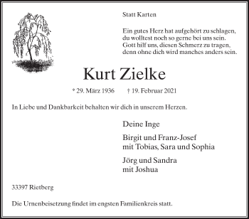 Traueranzeige von Kurt Zielke von Die Glocke