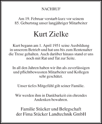 Traueranzeige von Kurt Zielke von Die Glocke