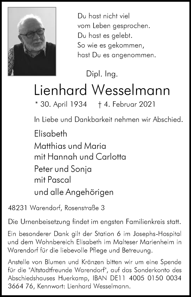  Traueranzeige für Lienhard Wesselmann vom 06.02.2021 aus Die Glocke