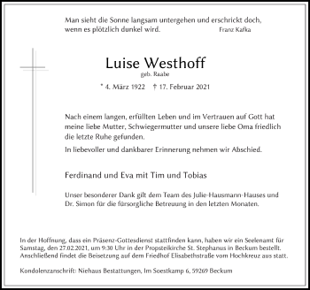 Traueranzeige von Luise Westhoff von Die Glocke