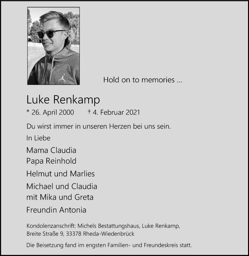  Traueranzeige für Luke Renkamp vom 13.02.2021 aus Die Glocke