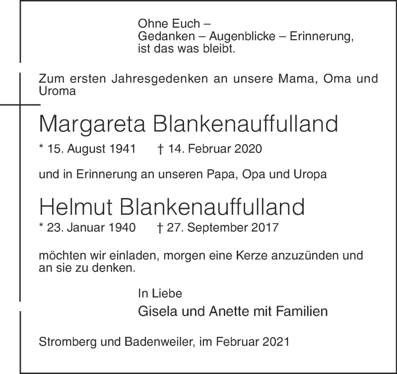  Traueranzeige für Margareta Blankenauffulland vom 13.02.2021 aus Die Glocke
