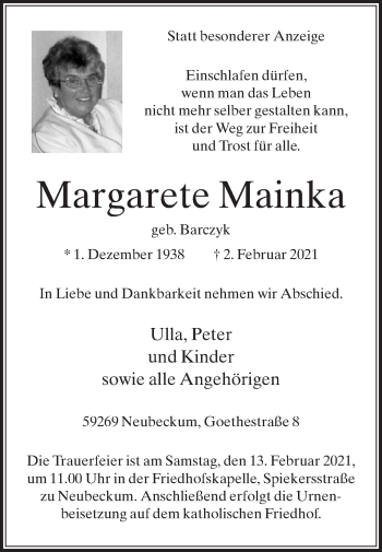 Traueranzeige von Margarete Mainka von Die Glocke