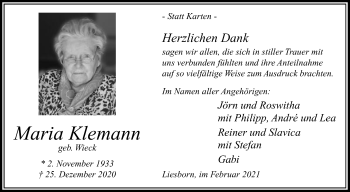 Traueranzeige von Maria Klemann von Die Glocke