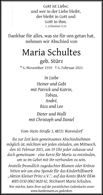 Traueranzeige von Maria Schultes von Die Glocke