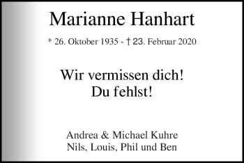 Traueranzeige von Marianne Hanhart von Die Glocke