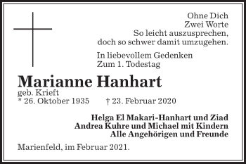 Traueranzeige von Marianne Hanhart von Die Glocke