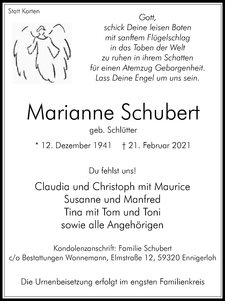  Traueranzeige für Marianne Schubert vom 27.02.2021 aus Die Glocke