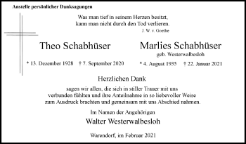 Traueranzeige von Marlies Schabhüser von Die Glocke