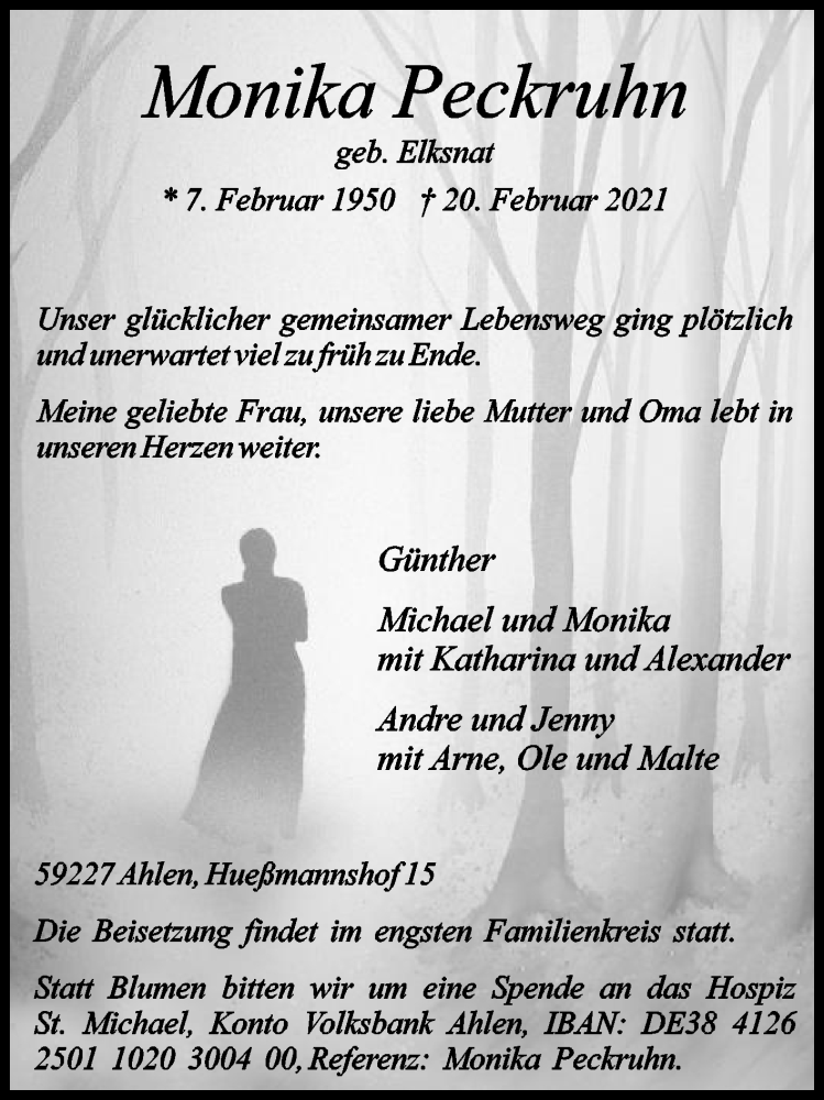  Traueranzeige für Monika Peckruhn vom 27.02.2021 aus Die Glocke