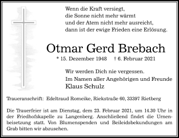 Traueranzeige von Otmar Gerd Brebach von Die Glocke