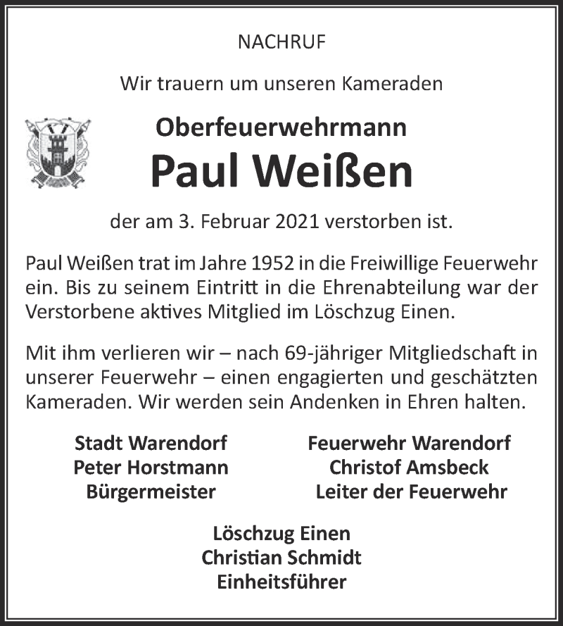  Traueranzeige für Paul Weißen vom 11.02.2021 aus Die Glocke
