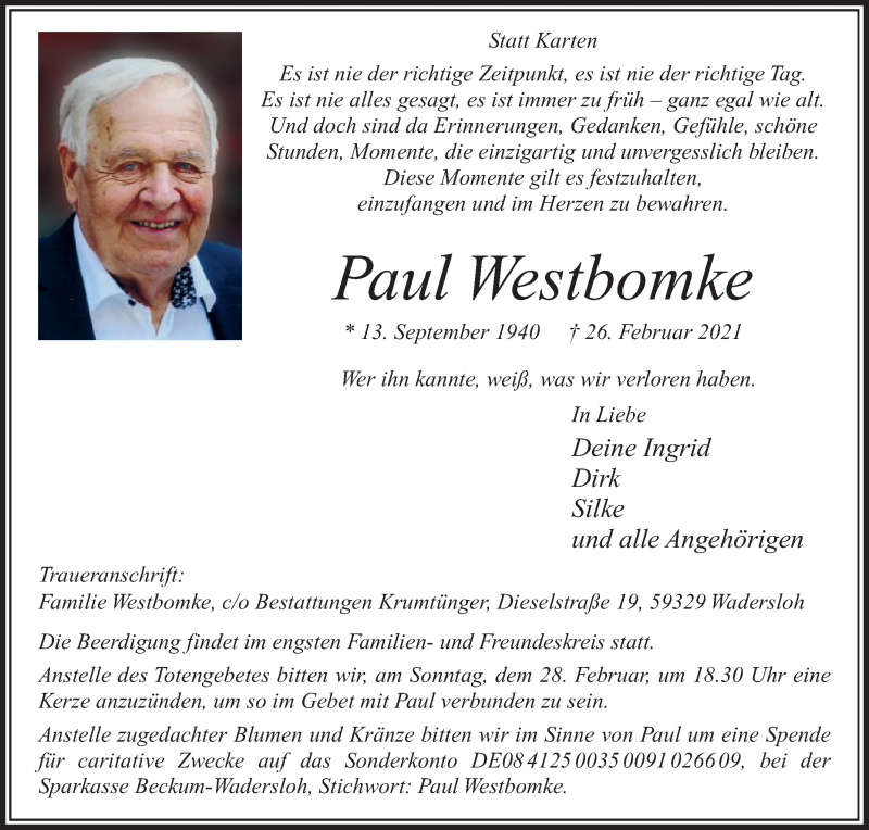  Traueranzeige für Paul Westbomke vom 27.02.2021 aus Die Glocke
