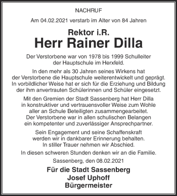 Traueranzeige von Rainer Dilla von Die Glocke