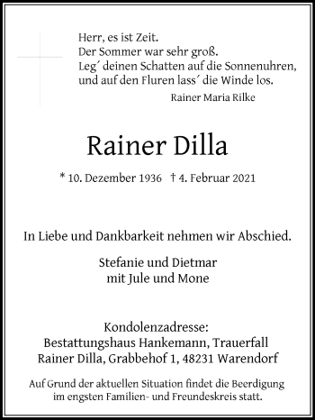 Traueranzeige von Rainer Dilla von Die Glocke