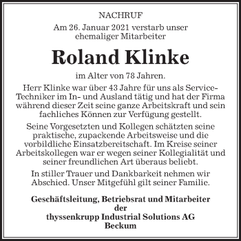 Traueranzeige von Roland Klinke von Die Glocke