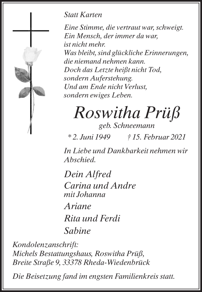  Traueranzeige für Roswitha Prüß vom 20.02.2021 aus Die Glocke