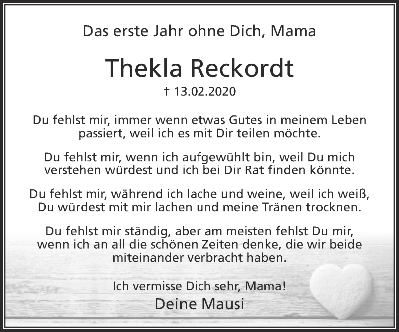  Traueranzeige für Thekla Reckordt vom 13.02.2021 aus Die Glocke