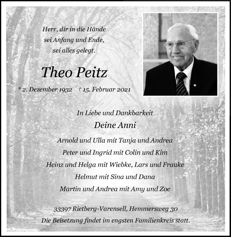  Traueranzeige für Theo Peitz vom 17.02.2021 aus Die Glocke