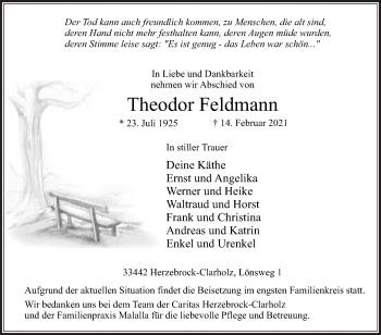 Traueranzeige von Theodor Feldmann von Die Glocke