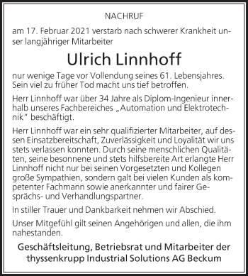 Traueranzeige von Ulrich Linnhoff von Die Glocke