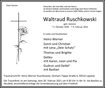 Traueranzeige von Waltraud Ruschkowski von Die Glocke