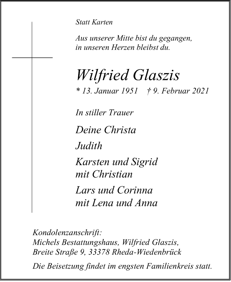  Traueranzeige für Wilfried Glaszis vom 13.02.2021 aus Die Glocke