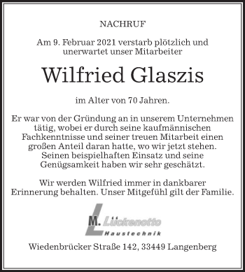 Traueranzeige von Wilfried Glaszis von Die Glocke