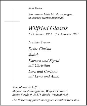 Traueranzeige von Wilfried Glaszis von Die Glocke