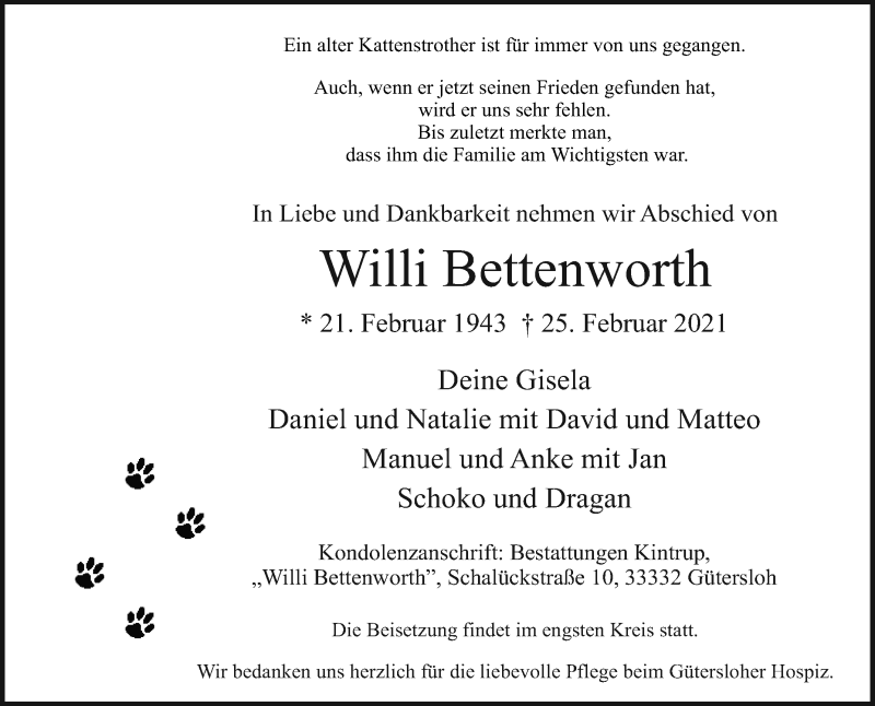  Traueranzeige für Willi Bettenworth vom 27.02.2021 aus Die Glocke