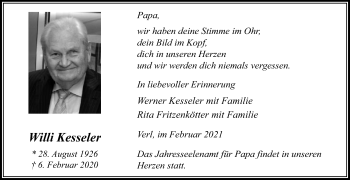Traueranzeige von Willi Kesseler von Die Glocke