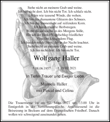 Traueranzeige von Wolfgang Haller von Die Glocke