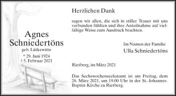 Traueranzeige von Agnes Schniedertöns von Die Glocke