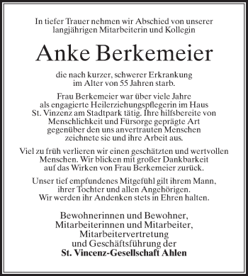 Traueranzeige von Anke Berkemeier von Die Glocke