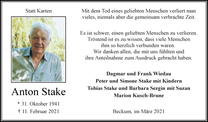  Traueranzeige für Anton Stake vom 25.03.2021 aus Die Glocke