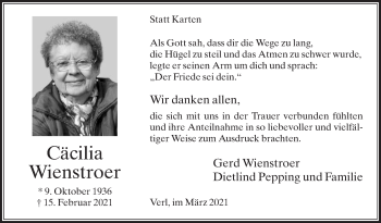 Traueranzeige von Cäcilia Wienstroer von Die Glocke