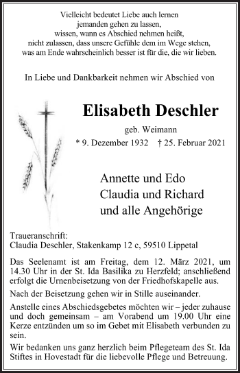 Traueranzeige von Elisabeth Deschler von Die Glocke